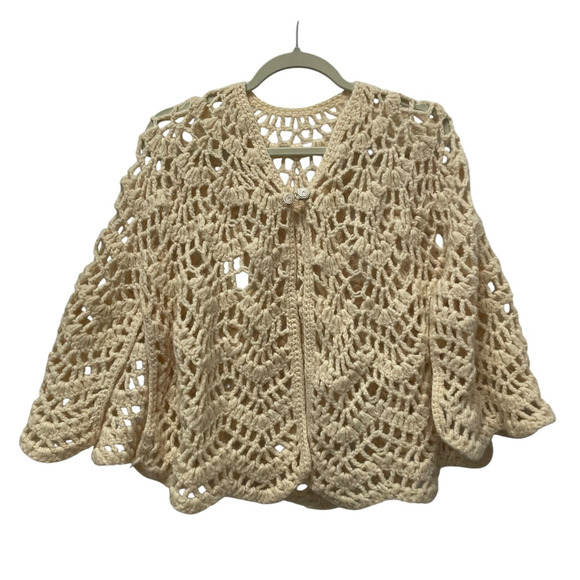 VTG. Crochet Sweater Cape Cardigan Womens M Open Knit Boho Festival Fairy 70s - Picture 1 of 12
